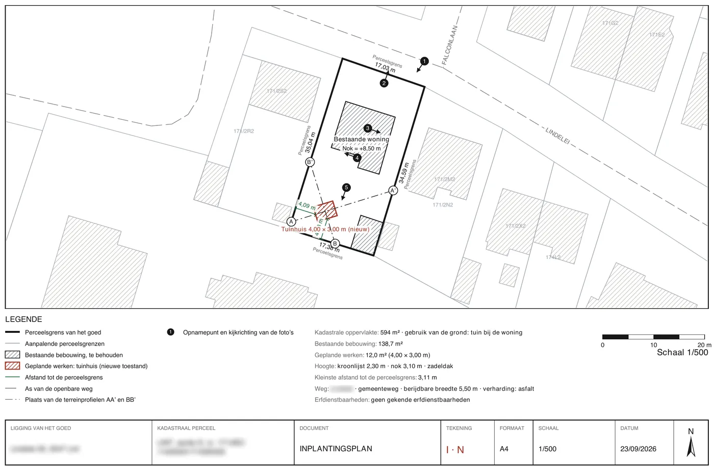 Inplantingsplan op schaal met maten en afstanden tot de perceelsgrenzen