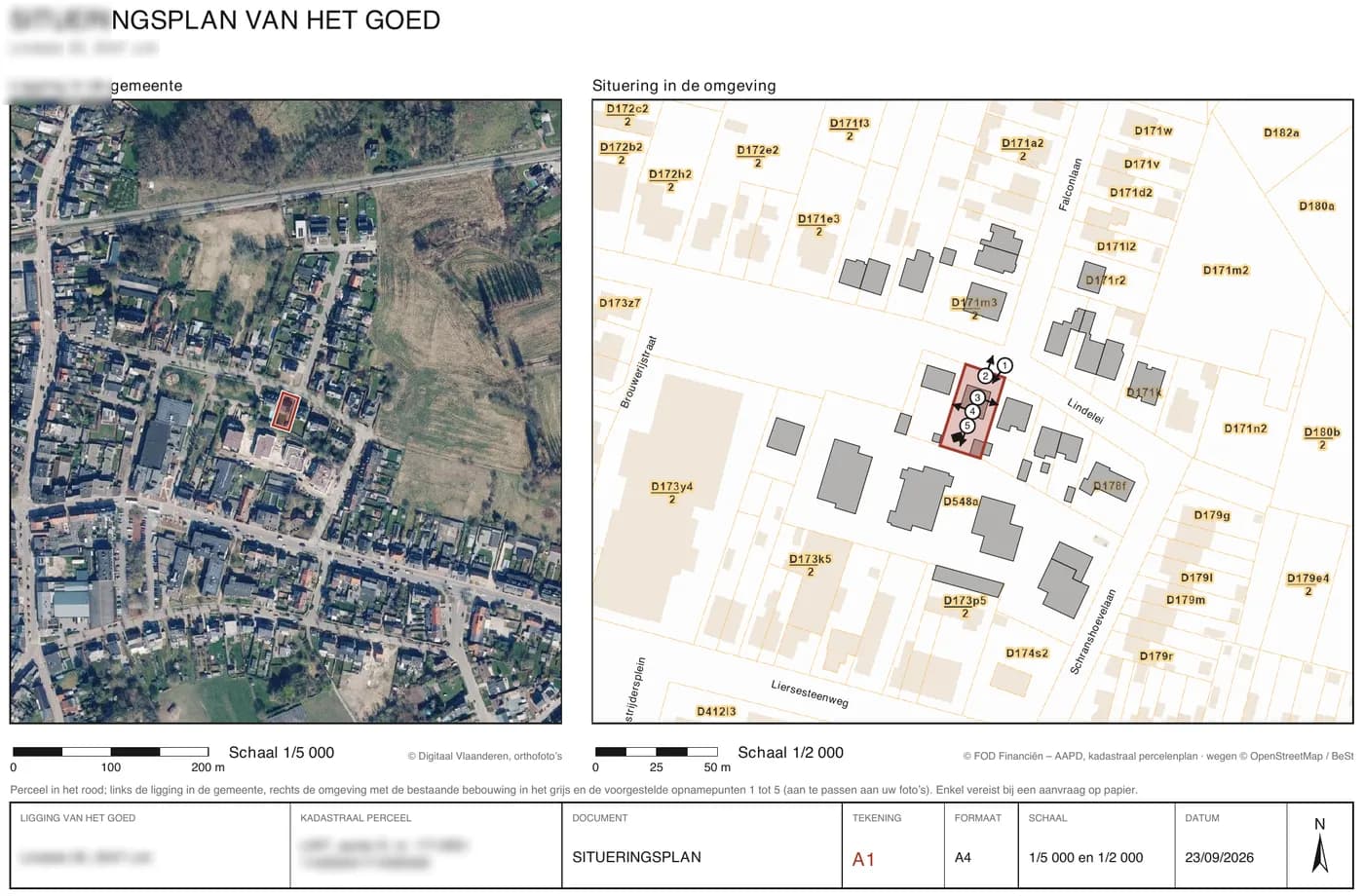 Situeringsplan: luchtfoto van de gemeente en kadastraal plan van de omgeving